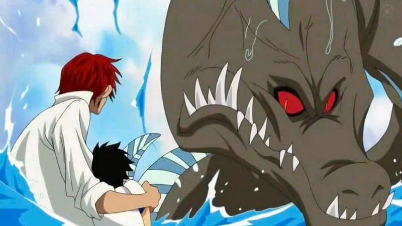 An image of Shanks saving Luffy from the sea king in One Piece