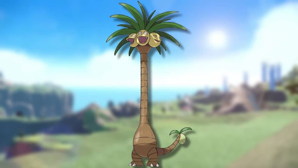 The Pokemon Alolan Exeggutor is shown against a blurred background