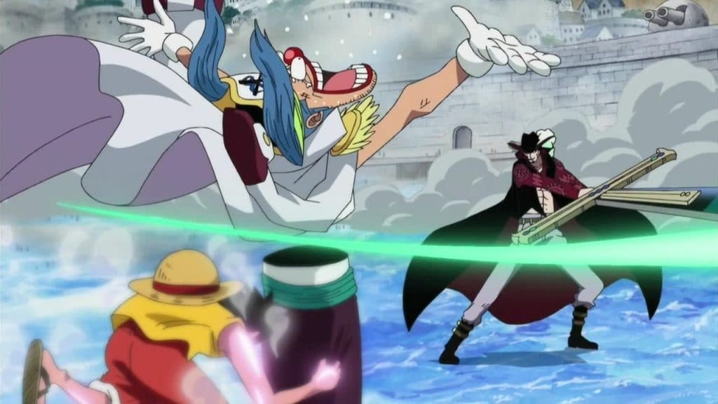 A glimpse of Buggy's devil fruit powers as he evades Mihawk's attack in One Piece