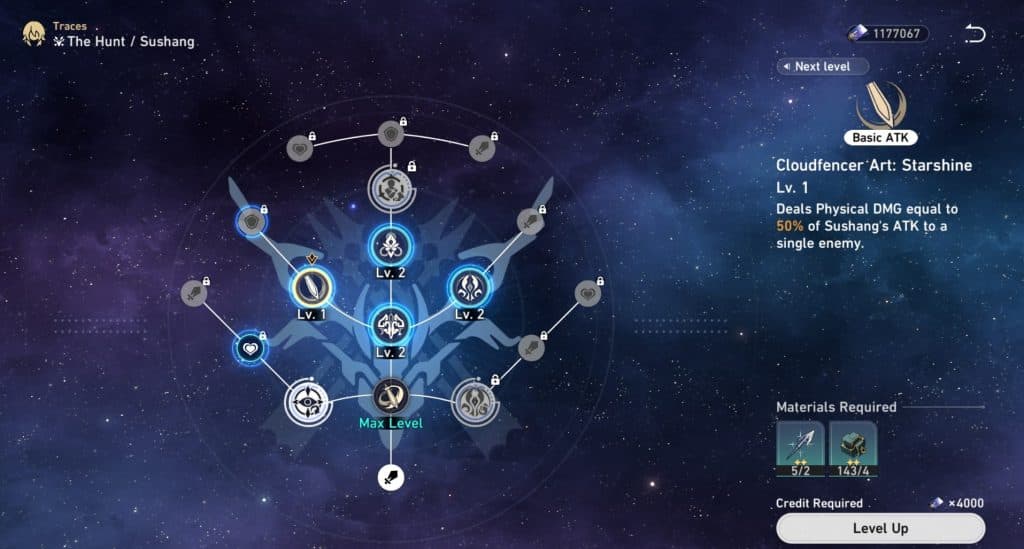 A screenshot of Sushang's Abilities in Honkai Star Rail