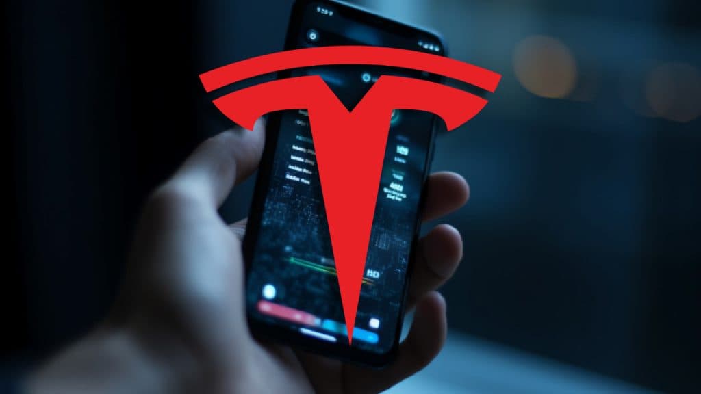 An AI-generated image of a hand using a smartphone in the background with Tesla logo at the front