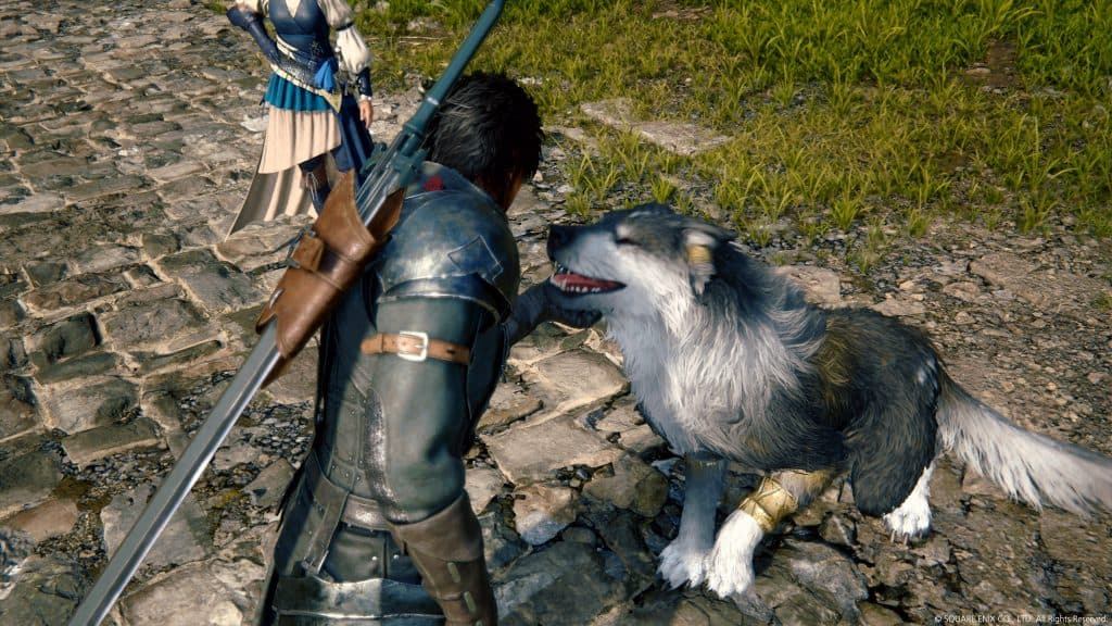 Clive pets his wolf in Final Fantasy 16