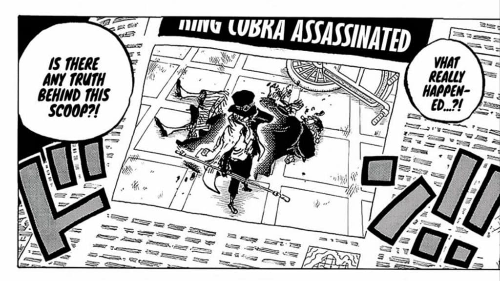 An image of the World Government framing Sabo for Cobra's murder in One Piece