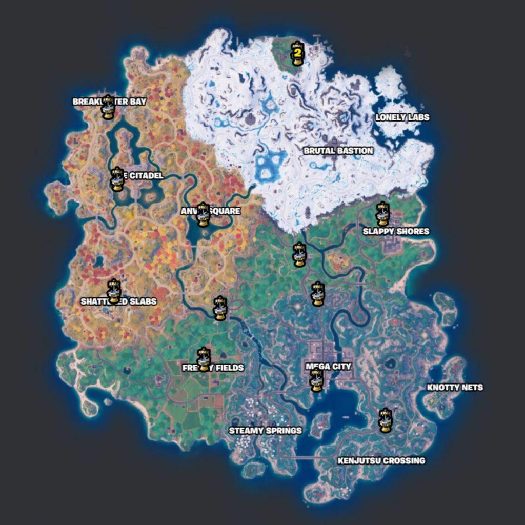 Locations of Upgrade Bench on the Fortnite island
