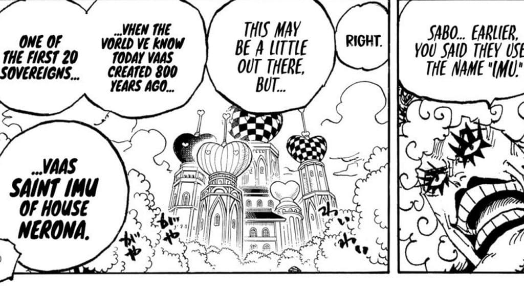 A panel from the One Piece manga revealing Imu's name