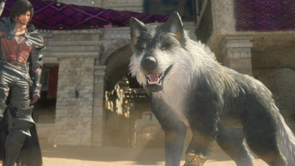 Uma imagem do cachorro Torgal em Final Fantasy XVI, que os jogadores podem acariciar.