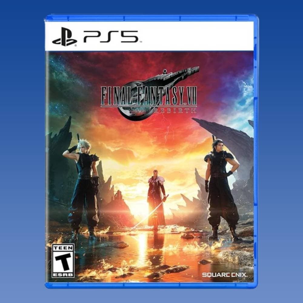 Box art for Final Fantasy VII Rebirth on PS5 with a blue background.