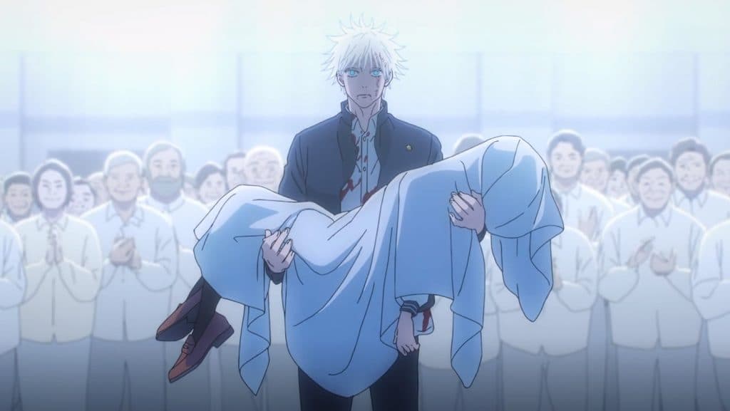An image of Gojo holding Riko's corpse in Jujutsu Kaisen