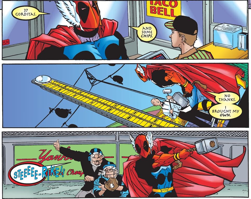 Deadpool as Thor goes about town