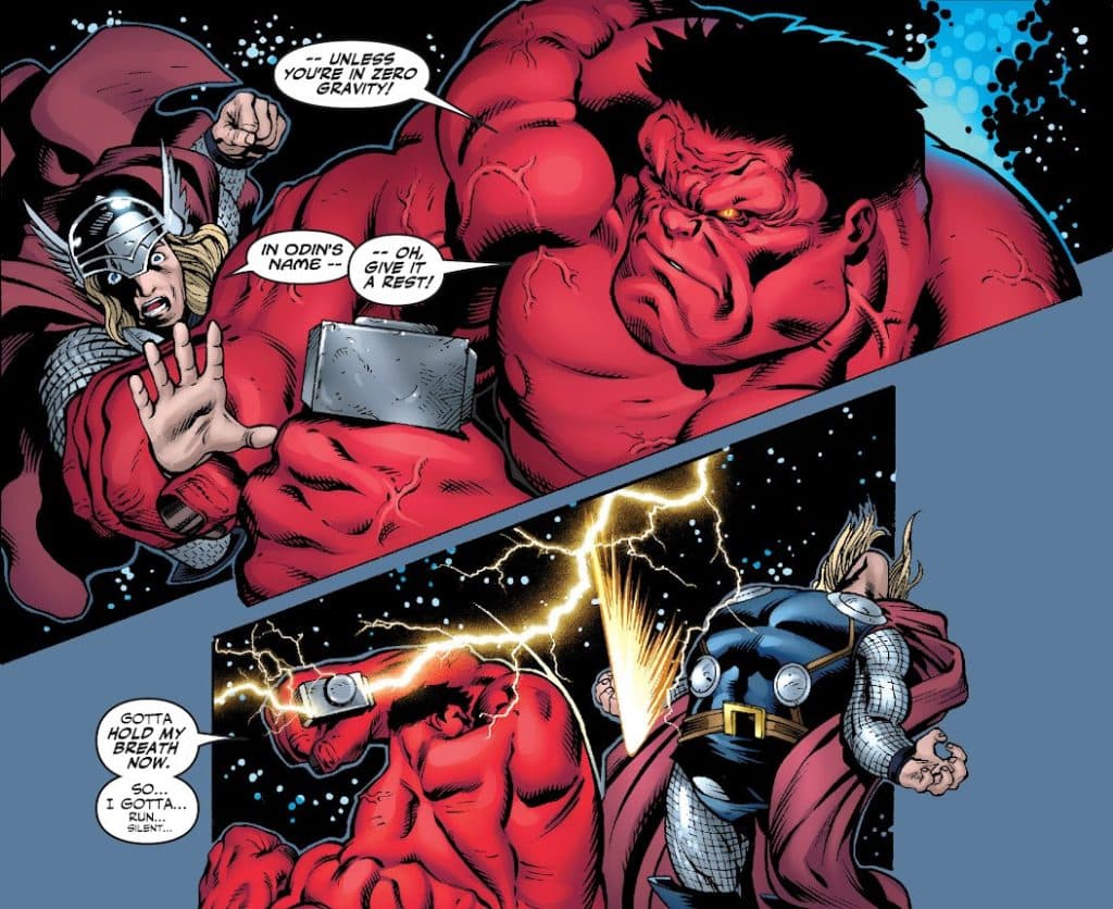 Red Hulk fights Thor in space.