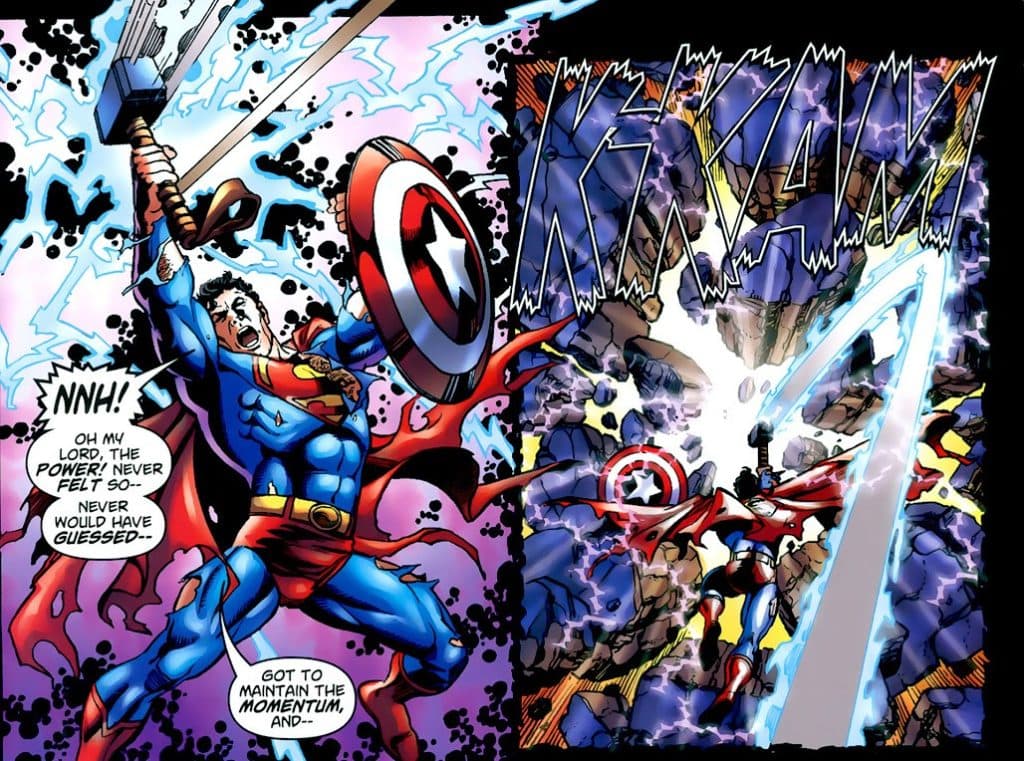 Superman wields Cap's shield and Mjolnir