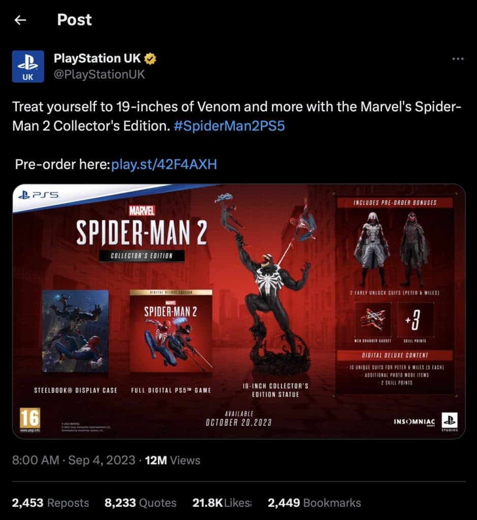 PlayStation's badly-phrased Spider-Man 2 tweet sparks “19 inches