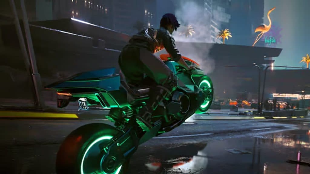 An image of V riding a motorbike in Cyberpunk 2077.