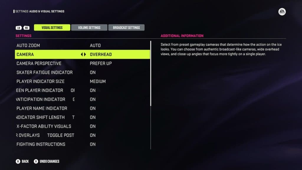 Camera settings in NHL 24