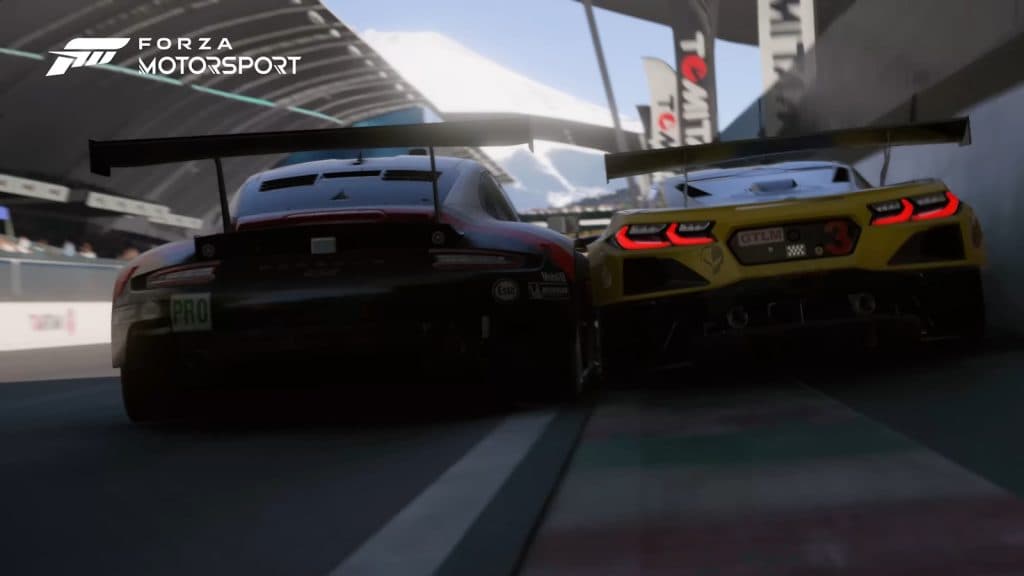 GT cars racing with Corvette pushed against wall by Porsche in Forza Motorsport