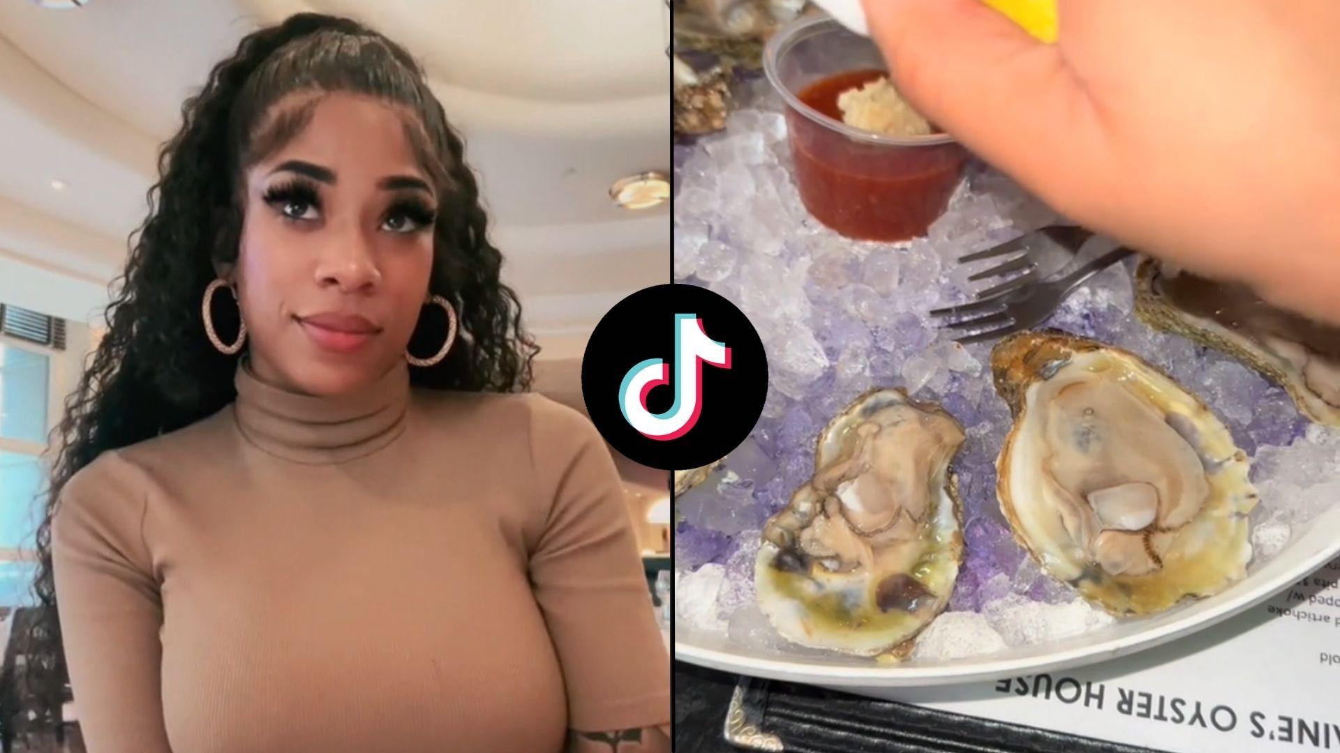 Screenshots of woman with plates of oysters