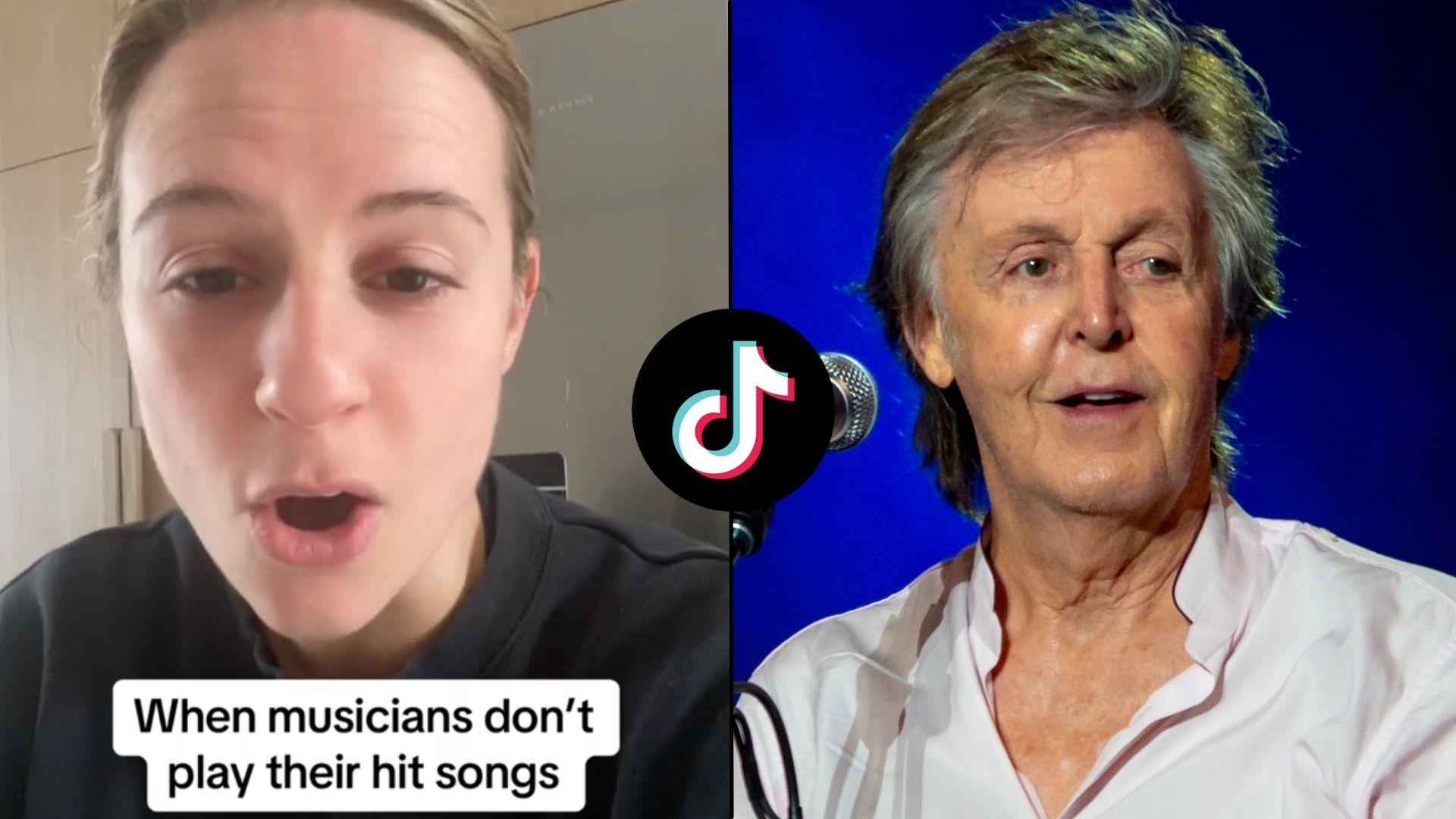 Woman next to paul mccartney during concert with tiktok logo between them