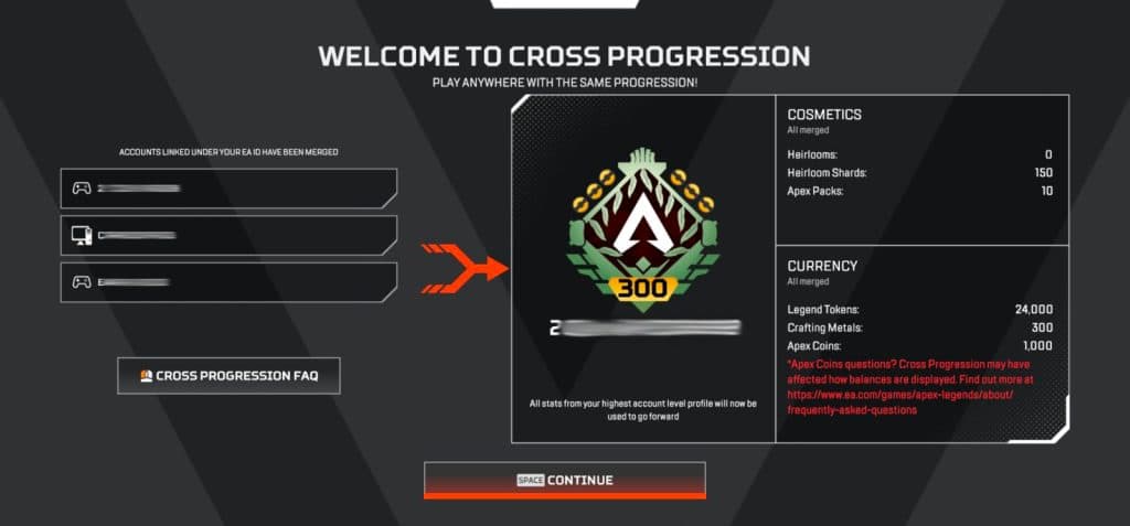 Apex cross-progression pop up