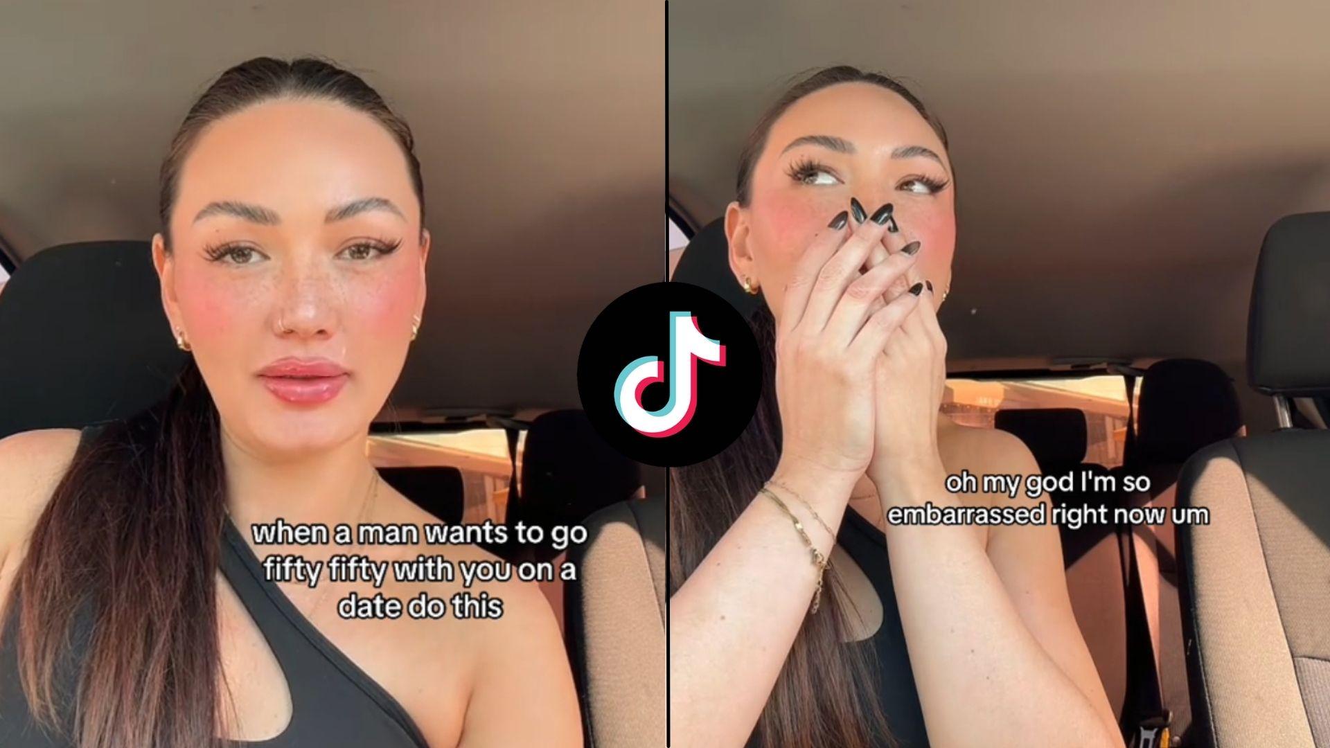 Woman talking to camera and holding face while sat in car