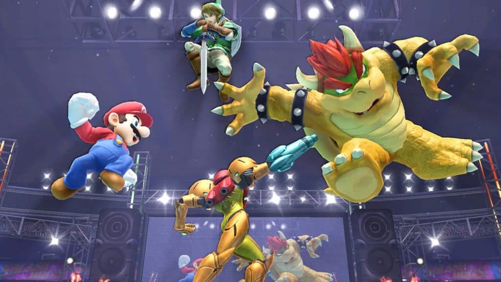 Mario se bat avec Link, Bowser et Samus dans Super Smash Bros.