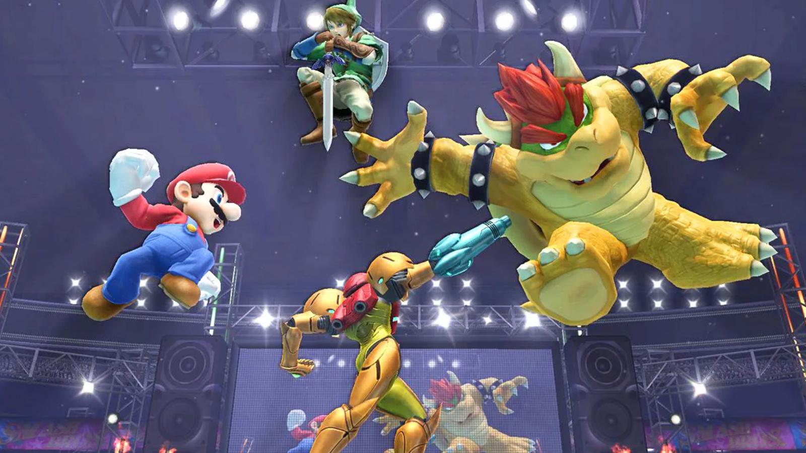 mario fighting with link, bowser and samus in super smash bros