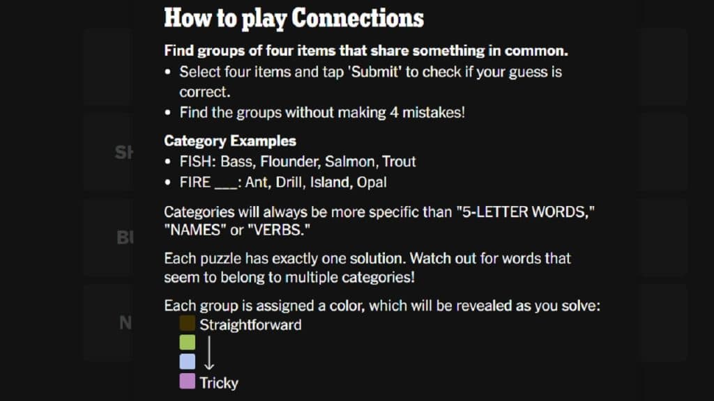 screenshot featuring the rules of playing the NYT Connections puzzle.