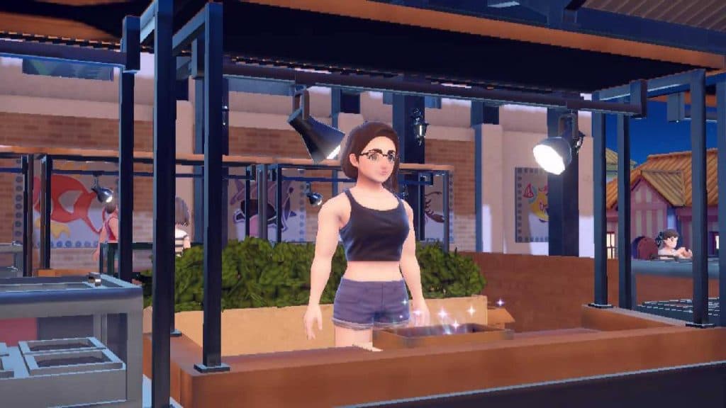 A tall female NPC is shown at a market stall