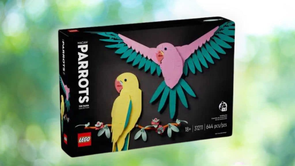 The LEGO Art Macaw Parrots set on a nature background.