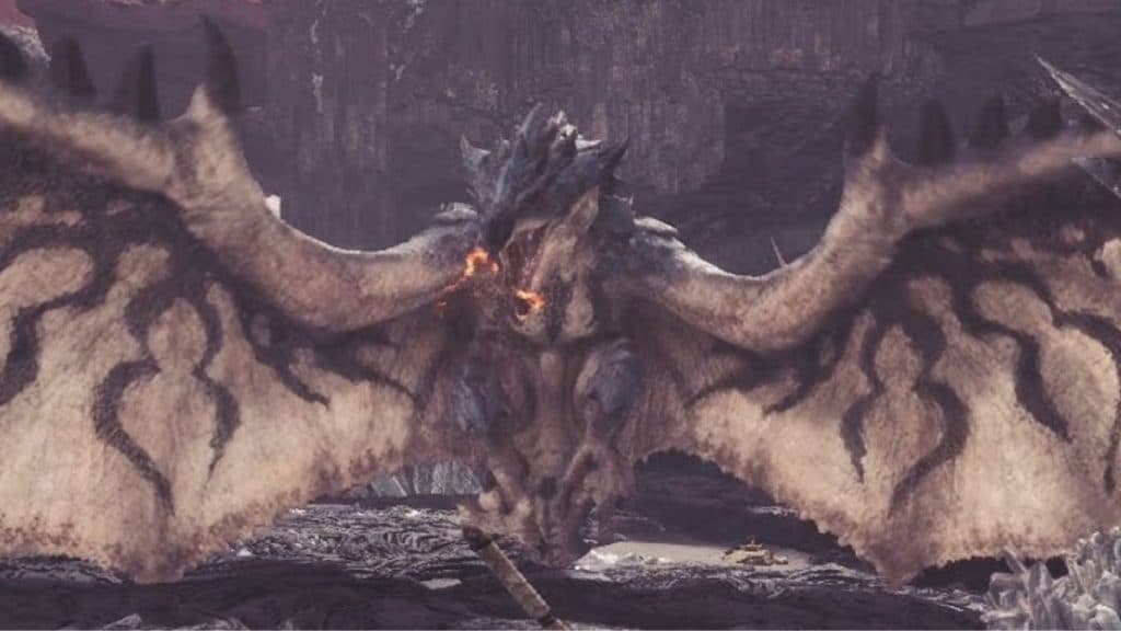 Azure Rathalos flying in Monster Hunter World