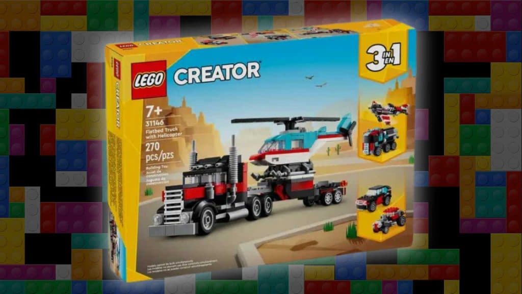 LEGO Creator 3in1 Flatbed Truck with Helicopter on a LEGO background