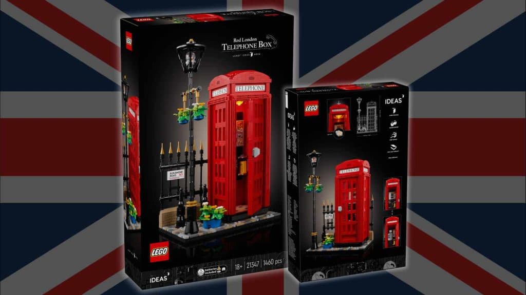 LEGO Ideas Red London Telephone Box set on a UK flag background