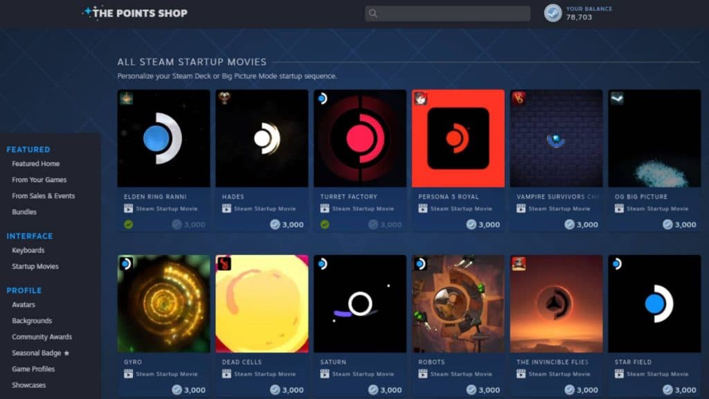 A screenshot of the Points Shop on Steam, showing the Steam Deck startup movies.