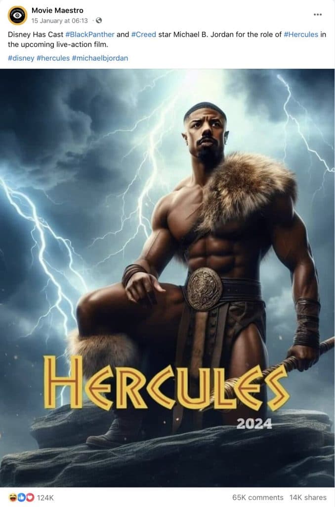 A facebook post for a fake Hercules remake