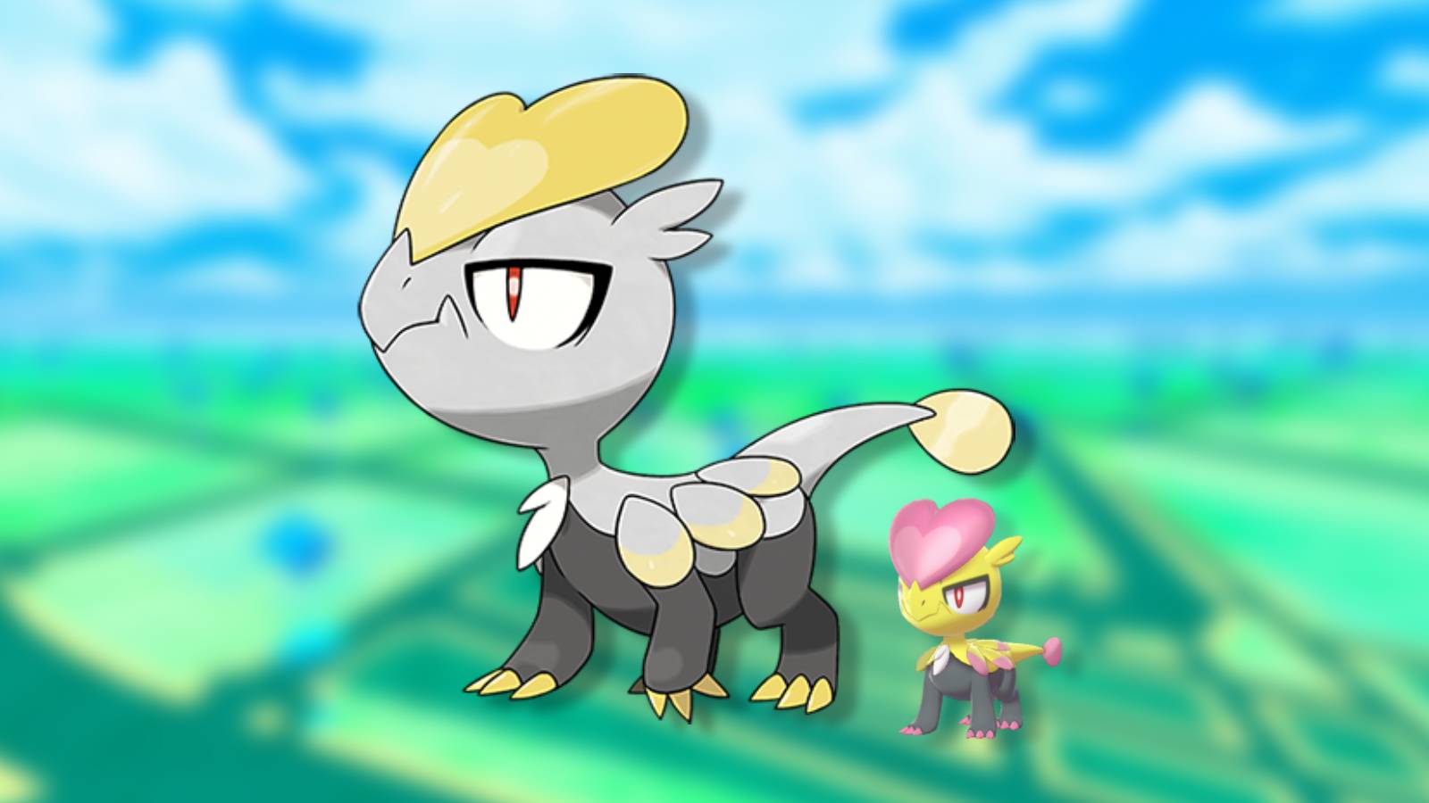 The Pokemon Jangmo-o and a shiny version are shown against a blurred background