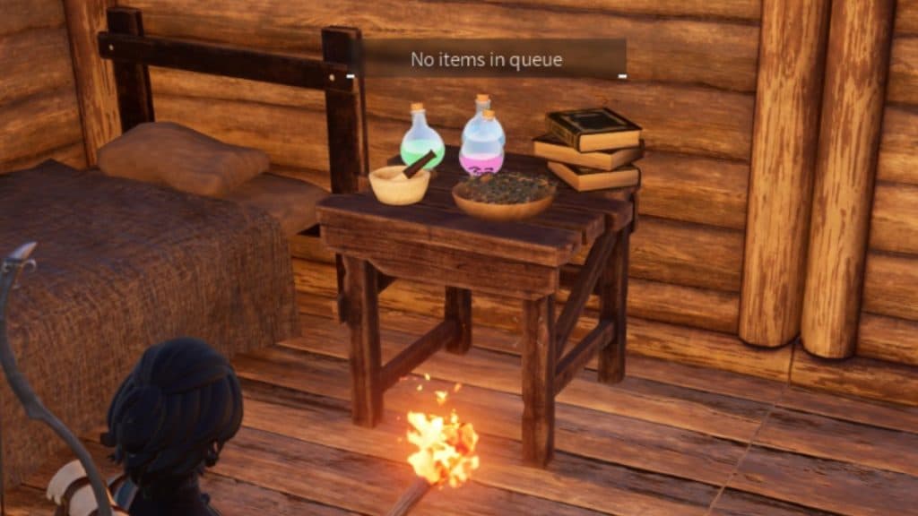 Screenshot featuring Palworld's medieval medicine bench.