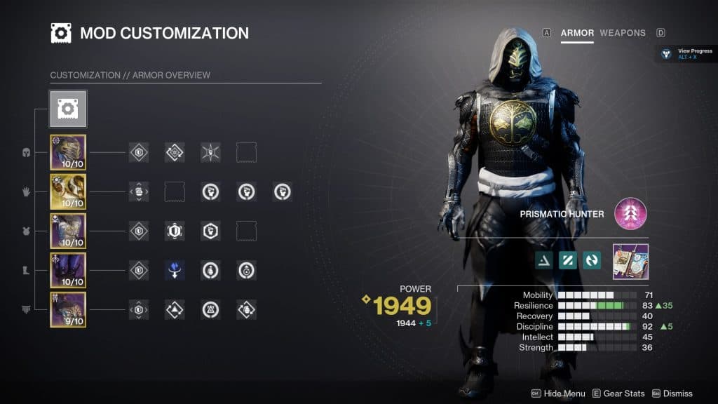 The mod screen for the Prismatic Hunter build