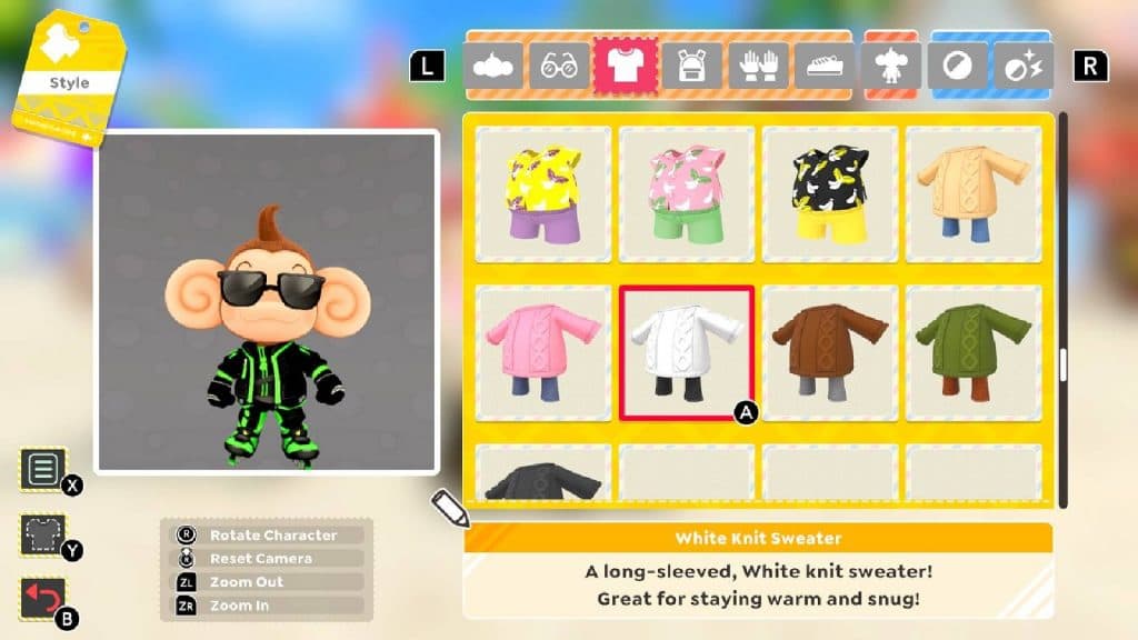 A screenshot from Super Monkey Ball Banana Rumble shows a customization menu