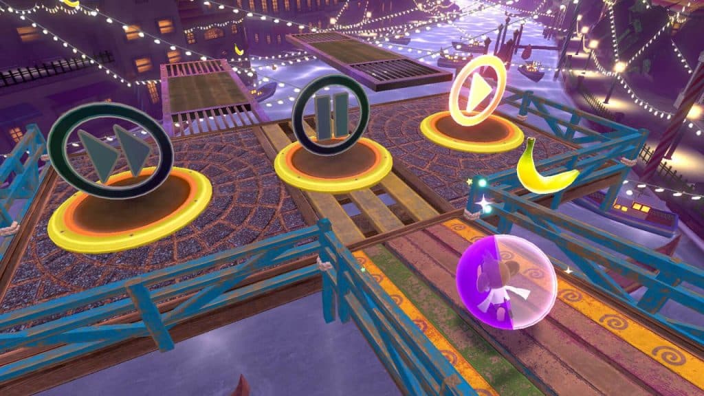 A screenshot from Super Monkey Ball Banana Rumble shows a monkey moving towards a switch