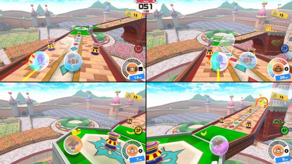 A screenshot from Super Monkey Ball Banana Rumble shows four player splitscreen