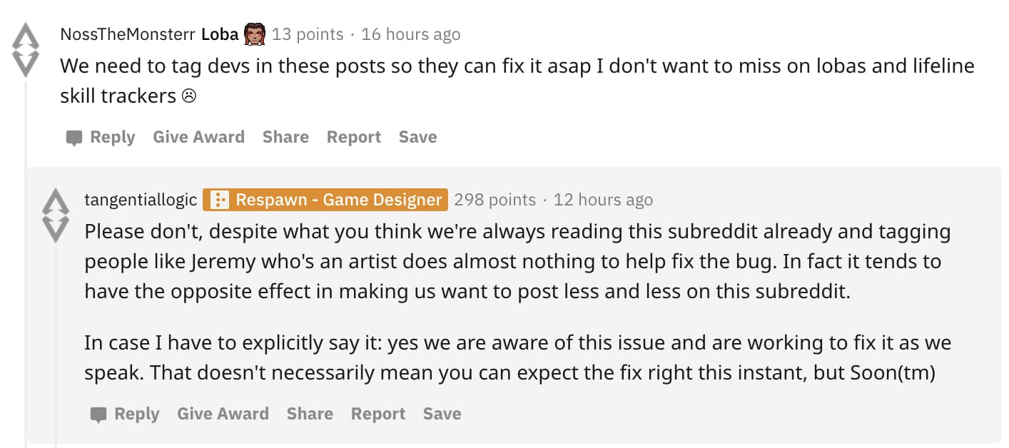 Reddit comment from Respawn developer