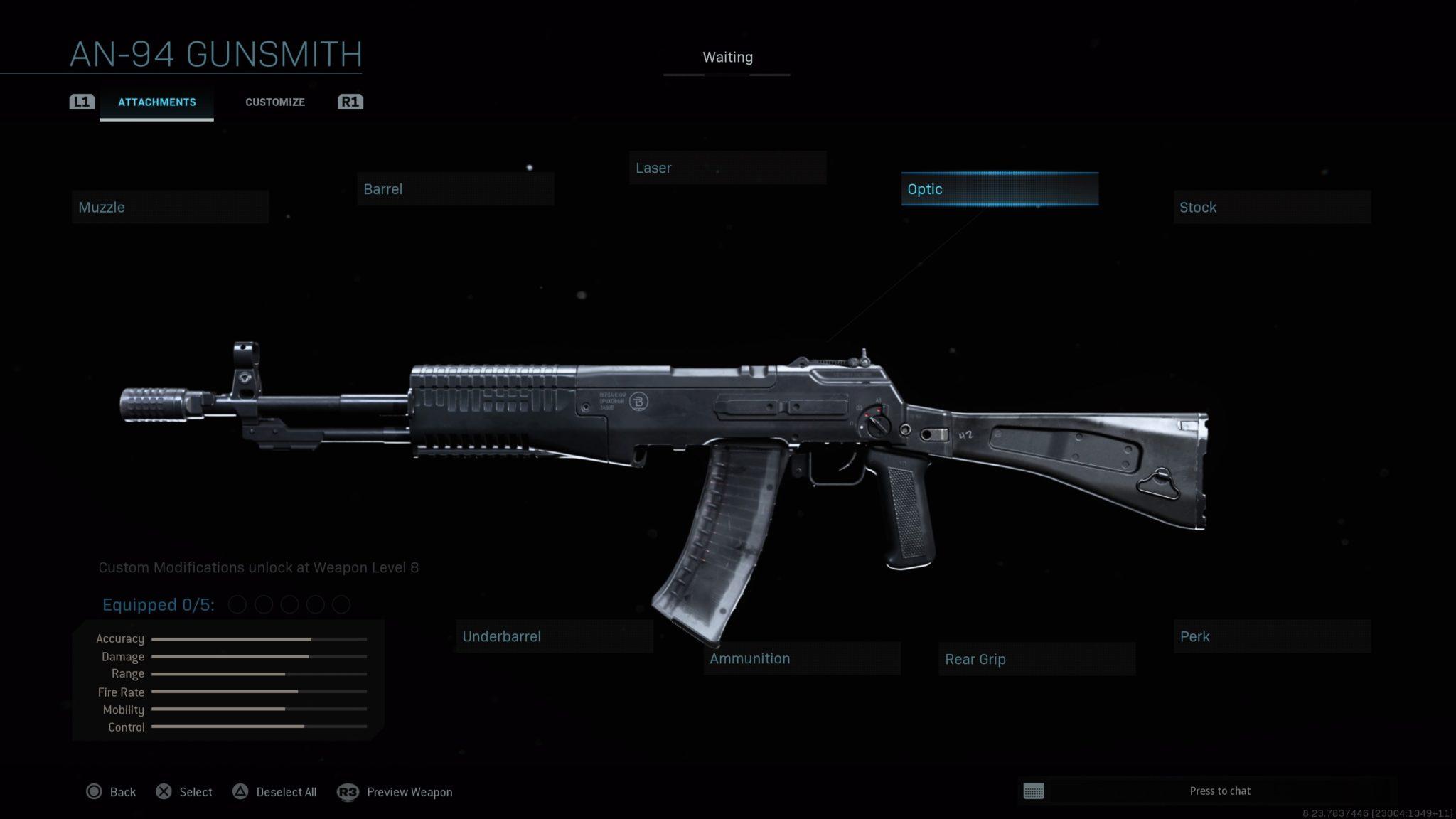 All the AN-94 assault rifle customization options in the Modern Wafare gunsmith.