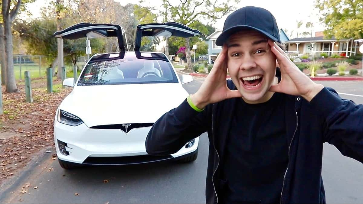 David Dobrik shocked standing next to Tesla car