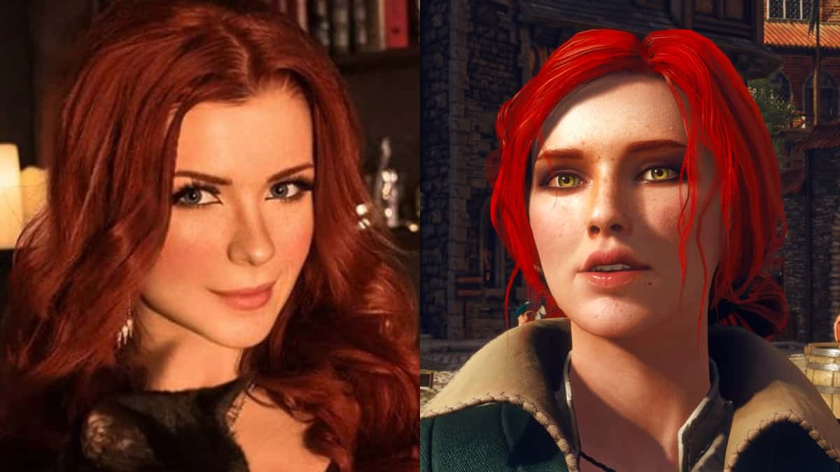 Witcher cosplayer next to Triss Merigold