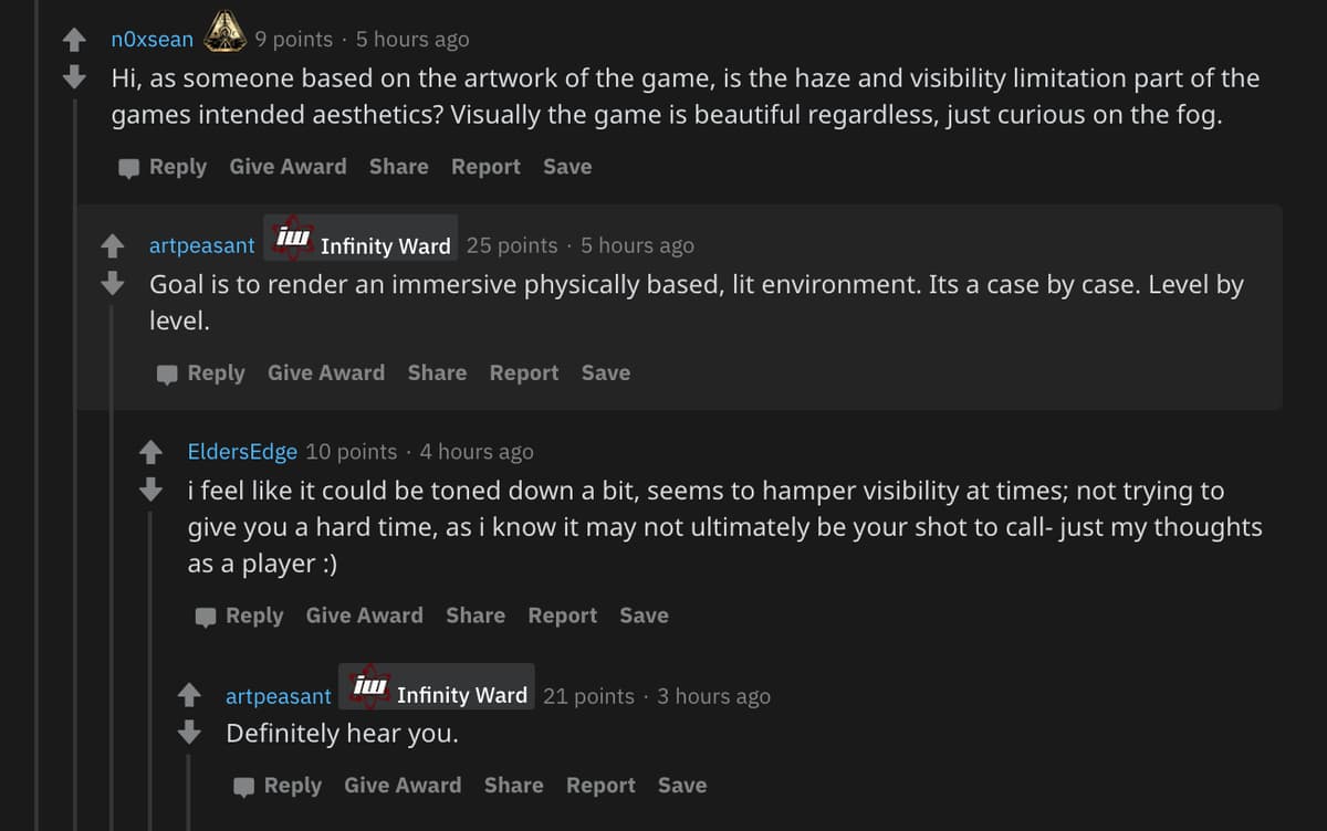 Infinity Ward respond on Modern Warfare subreddit.