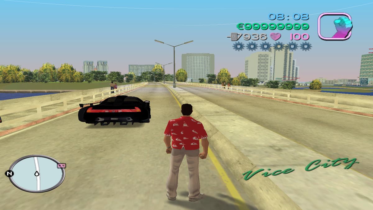 Tommy Vercetti standing on bridge in GTA Vice City