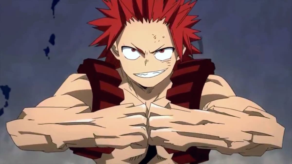 Kirishima using his Hardening quirk in My Hero Academia. 