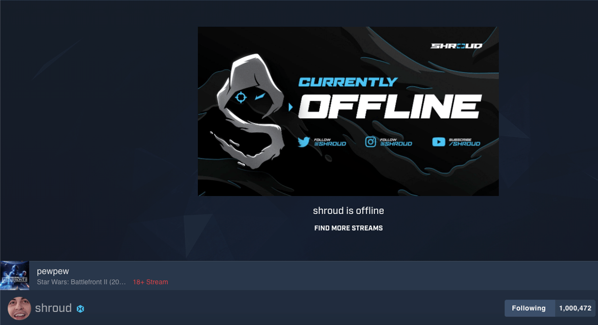 A screenshot of Shroud's Mixer channel in offline mode