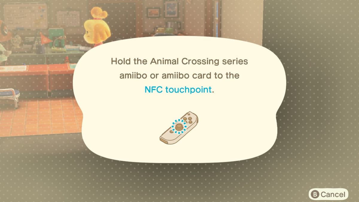 A screenshot showing using Amiibo cards to move out a villager in ACNH