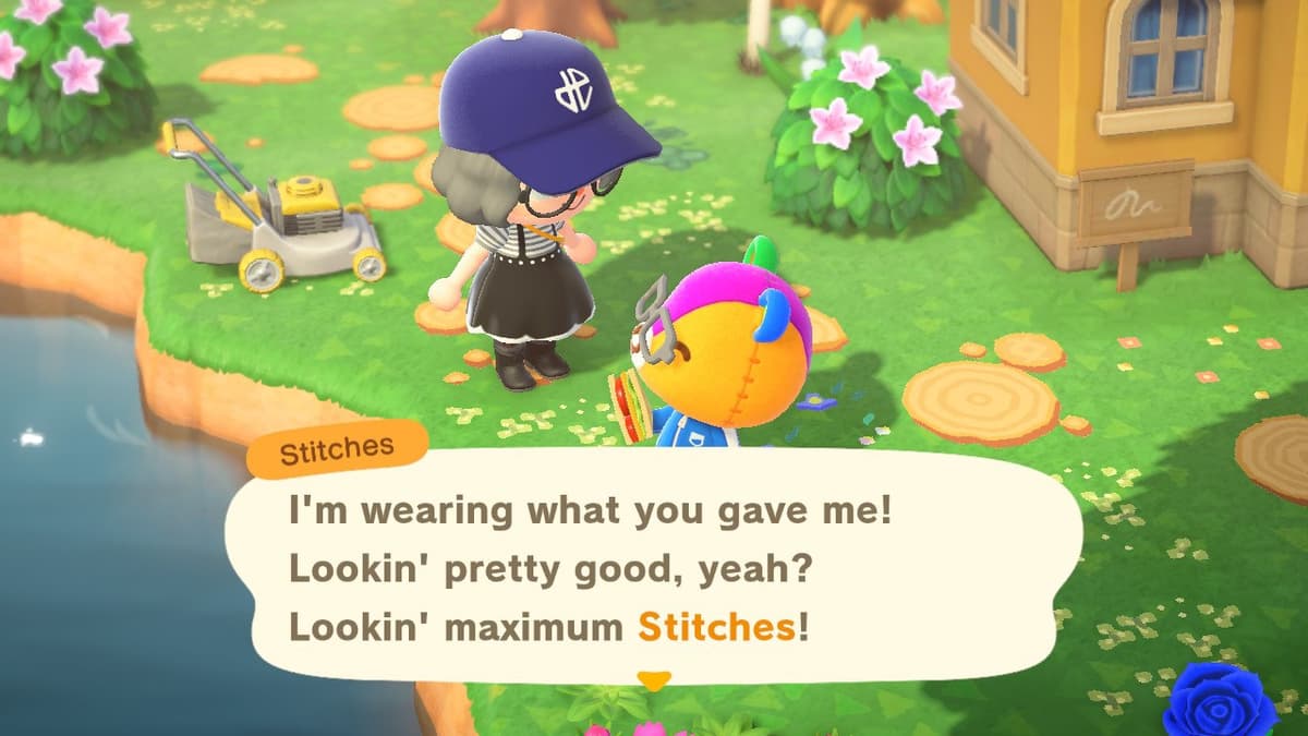 Stitches in Animal Crossing wearing a gift from a player