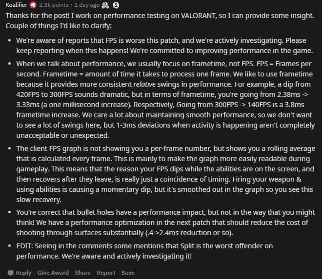 Valorant dev commenting on Reddit.